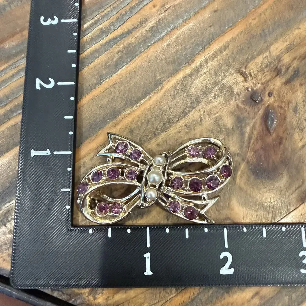 Vintage Purple Rhinestone Crystal Brooch Pin Bow Faux Pearls Feminine